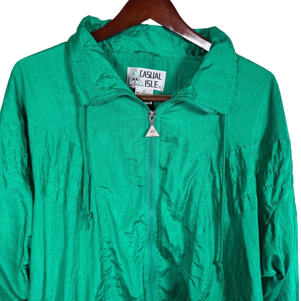 Vintage Casual Isle Emerald Green Windbreaker Full Zip Jacket Size Lg Retro 80's - Picture 2 of 6